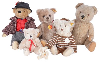 Steiff, House of Nisbet and Hermann collection - 6 bears,. Fabric, some with button and tag, lot 