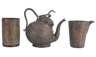 Orientalische Kanne, Gef&auml;&szlig; und Schnabelkanne, 19. Jahrhundert,. Kupfer teilverzinnt, Konvolut 