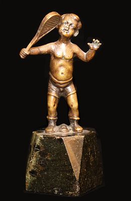 Скульптура &laquo;Мальчик с теннисной ракеткой&raquo;. Бронза, литьё, чеканка, патинирование, 
поделочный 