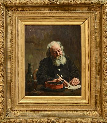 Владимир Егорович Маковский (1846-1920). &laquo;Таможенник. За письмом&raquo;. 
Холст на картоне, масло 