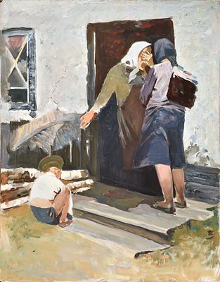 Николай Николаевич Баскаков (1918-1993). &laquo;В годы войны. Похоронка&raquo;. 
Оргалит, темпера, на 