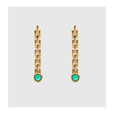 Pendientes largos articulados en oro con cabujón circular de crisoprasa de 4 mm engastado en