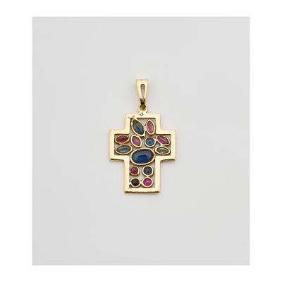 Colgante diseño cruz calada en oro con zafiros azules y rubíes tallas oval, redonda y marquise. 