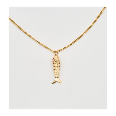 Cadena barbada con colgante diseño pez de 3 cm.en oro y dos circonitas rosas. Peso total: 6,9 