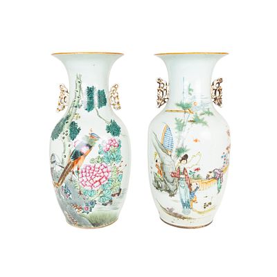 Pareja de jarrones chinos en porcelana esmaltada con decoraci&oacute;n de motivos animal&iacute;sticos 