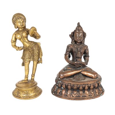 Buda y bailarina Apsar&aacute; en bronce y cobre patinado, India, s.XX. 14 x 11 x 8 cm. y 7 x 6 cm.