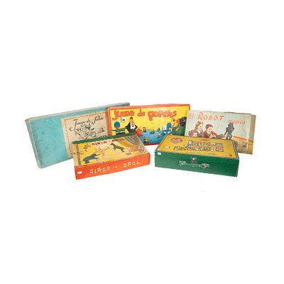 Lote de cinco juegos antiguos para ni&ntilde;os, c.1950. Juegos reunidos Geiper, El Robot M&aacute;gico 