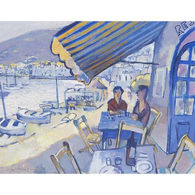 Ram&oacute;n Moscard&oacute; Fern&aacute;ndez (Barcelona, 1953) Restaurant de la costa. T&eacute;cnica mixta sobre papel. 
