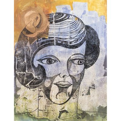 Rosa Yag&uuml;e (Barcelona, 1947-2025) Rostro femenino. T&eacute;cnica mixta sobre papel. Firmado y fechado 