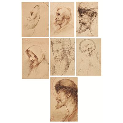 Escuela catalana, s.XIX. Retratos masculinos, Monjes, Santo y Ecce Homo. Lote de siete dibujos 