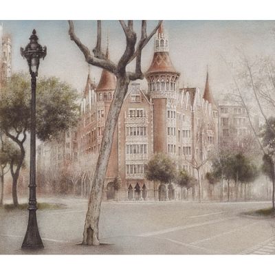 Francesc Congost Tor (Barcelona, 1959) La Casa de les Punxes. Pastel y l&aacute;piz sobre papel. 