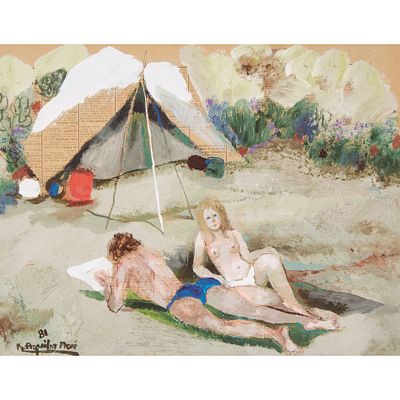 Ram&oacute;n Aguilar Mor&eacute; (Barcelona, 1924-2015) Pareja en la playa. T&eacute;cnica mixta sobre papel. 