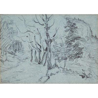 Francisco Llorens (La Coru&ntilde;a, 1874-Madrid, 1948) Arboleda. Dibujo a carboncillo sobre papel. 