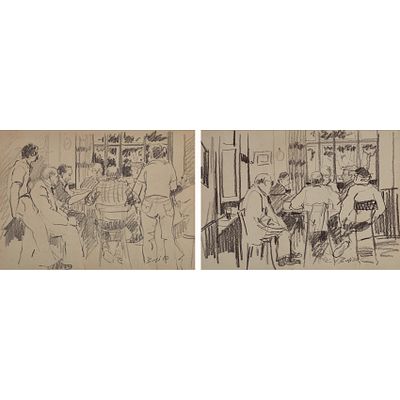 Ramon Buf&iacute; (Granollers, Barcelona, 1936) Interior con figuras. Pareja de dibujos a carboncillo 