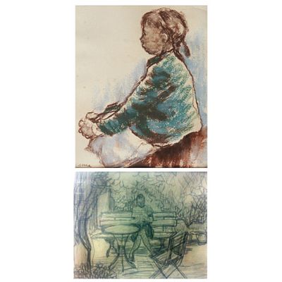 Francesc Serra Castellet (Barcelona, 1912-1976) Ni&ntilde;a y Joven sentada en un banco. Dibujos al 