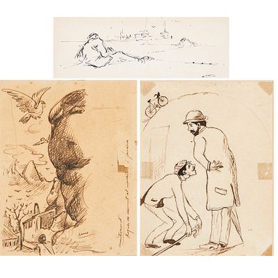 Escuela espa&ntilde;ola, s.XX. Estudios y bocetos. Lote de tres dibujos a tinta y plumilla sobre 