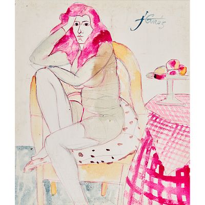 Jordi Cur&oacute;s (Olot, Girona, 1930-Barcelona, 2017) Joven de rosa. T&eacute;cnica mixta sobre tela 