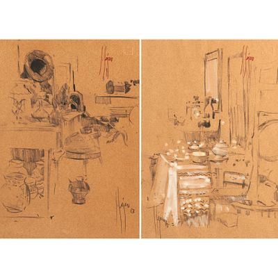 Isidoro L&aacute;zaro (Barcelona, 1949) Interiores. Pareja de t&eacute;cnicas mixtas sobre papel. Firmados y 