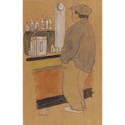 Joaquim Sunyer Mir&oacute; (Sitges, Barcelona, 1875-1956) Personaje en interior. Dibujo a l&aacute;piz 