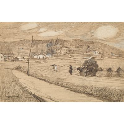 Pere Gussiny&eacute; Gironella (Olot, Girona, 1890-1980) Paisaje rural. Dibujo a carboncillo sobre 