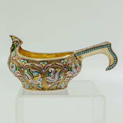 Серебряный ковш с расписной эмалью и золочением, клейма МС - Семенова Мария Васильевна, 84 ИЛ 