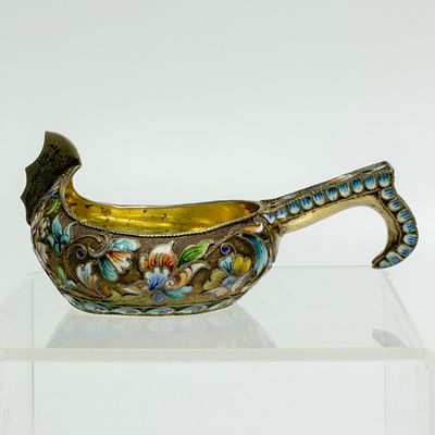 Серебряный ковш 84 пробы с расписной эмалью и золочением, клеймо ЕА, 84. Код: 00-00000504. 