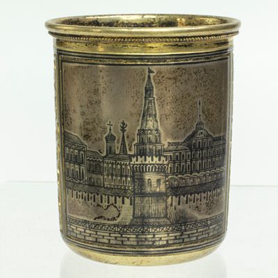 Антикварная серебряная стопка с чернью Марии Семёновой 84 пробы. Код: 00-00000603. 
Размер (мм): 