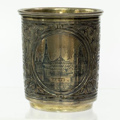 Антикварная серебряная стопка Овчинникова с чернью 84 пробы — Москва, 1888 год, Георгий Победоносец