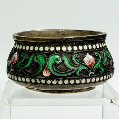 Серебряная солонка 84 пробы с эмалью, клеймо ВА - Агафонов Василий Семенов, 84ил. Код: 