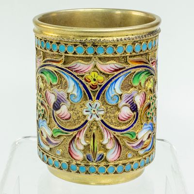 Антикварная серебряная стопка с расписной эмалью Марии Семеновой. Код: 00-00000596. 
Размер 