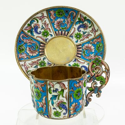 Антикварная чайная пара с эмалью, Агафонов В.А., Москва (?). Код: 00-00000627. 
Размер (мм): 