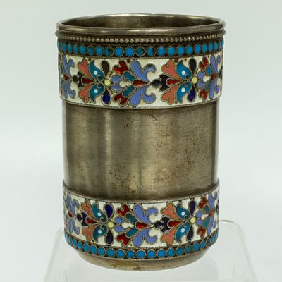 Антикварная серебряная стопка с эмалью Николая Алексеева 84 пробы, Москва. Код: 00-00000608. 