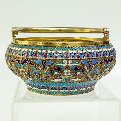 Серебряная сахарница 84 пробы с эмалью, Салтыков И.С., Москва 1893 год. Код: 00-00000571. 