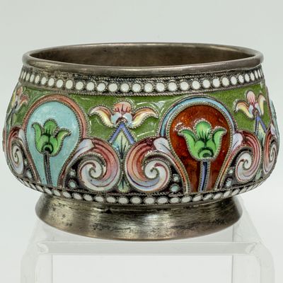 Серебряная солонка 84 пробы с эмалью, клеймо ВА - Агафонов В.С. Код: 00-00000581. 
Размер (мм): 