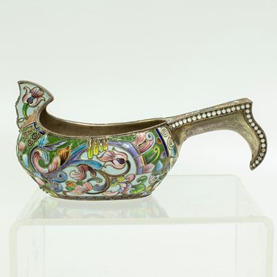 Серебряный ковш 84 пробы с перегородчатой эмалью, клеймо 20А - Двадцатая Московская артель. Код: 