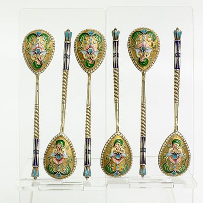 Антикварный набор кофейных ложек с эмалью и золочением, Андреев В.И. Код: 00-00000623. 
Размер 