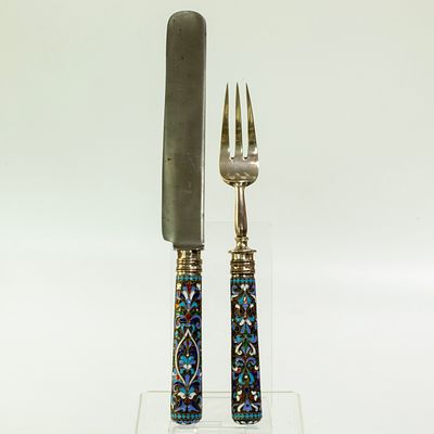 Антикварный набор эгоист серебро 84, эмаль, Шапошников. Код: 00-00000635. 
Размер (мм): вилка - 