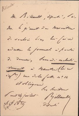 HISTORY - BILLAULT, Adolphe (Vannes, 1805 - Basse-Goulaine, 1863) - France. Two autograph 