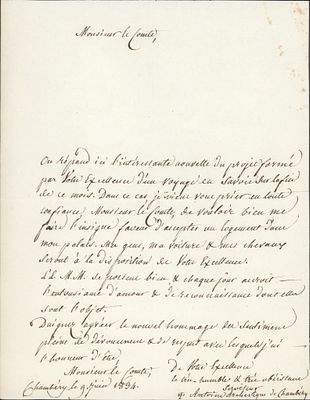 HISTORY - MARTINET, Antoine (Queige, 1776 - Chamb&eacute;ry, 1839) - France. Autograph letter signed 