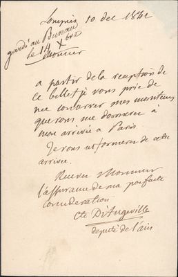 HISTORY - D’ANGEVILLE, Adolphe (Lompnes, 1796 - ib., 1856) - France. Autograph letter signed 