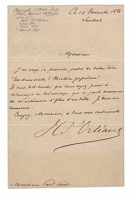 HISTORY - AUMALE Henri Eug&egrave;ne (1822 - 1897) - Autograph letter signed - France. Son of King 