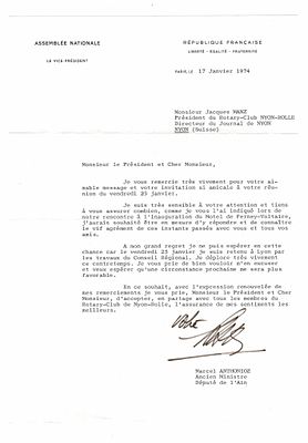 HISTORY - ANTHONIOZ Marcel (1911 - 1976) - Typed letter signed - France. Deputy for Ain 1958-69. 