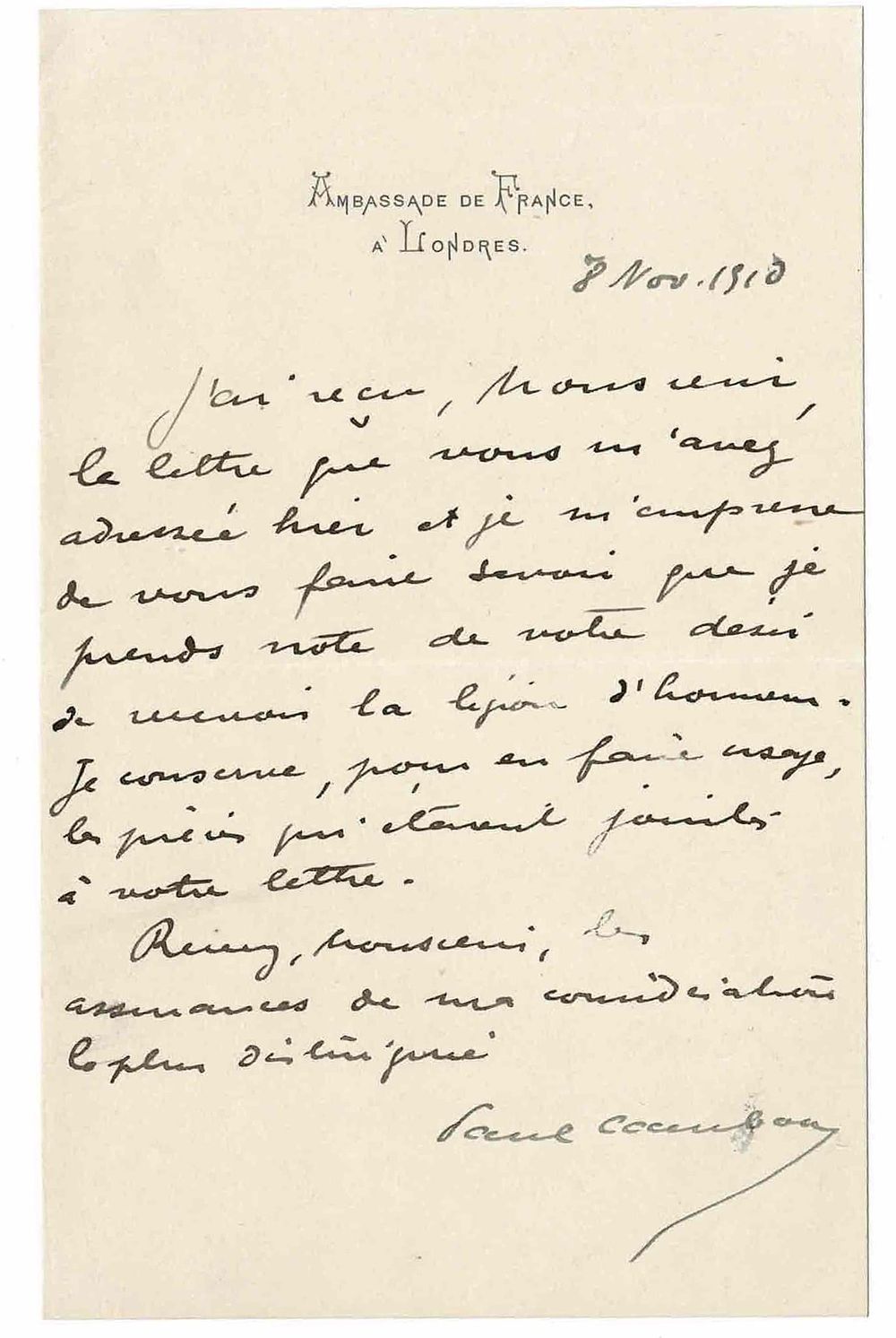 HISTORY - CAMBON Paul (1864 - 1924) - Autograph letter signed - France. Appointed resident of 
