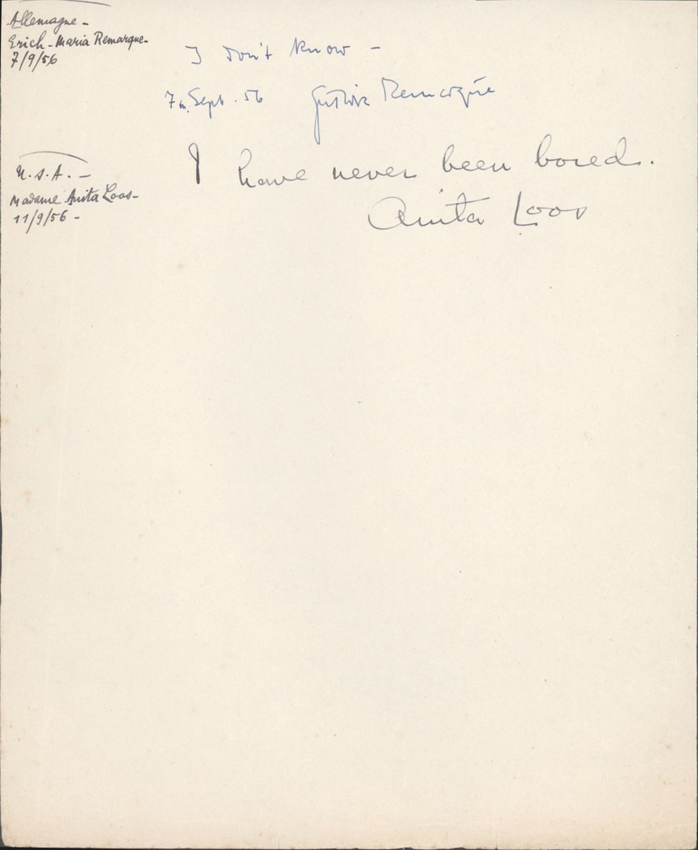 [ART] - Anita Loos & Erich Maria Remarque: Two Signatures on One Page. LOOS, REMARQUE Anita and 