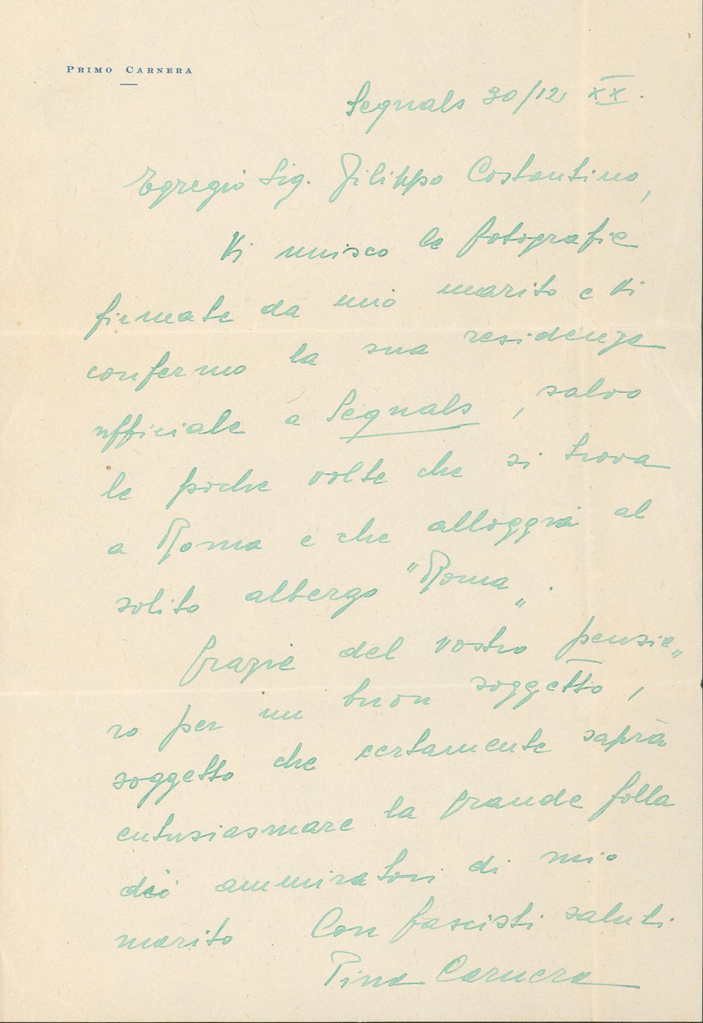 [HISTORY] - [CARNERA] Primo (Sequals, 1906 - ib., 1967) - Autograph letter signed. [CARNERA] 