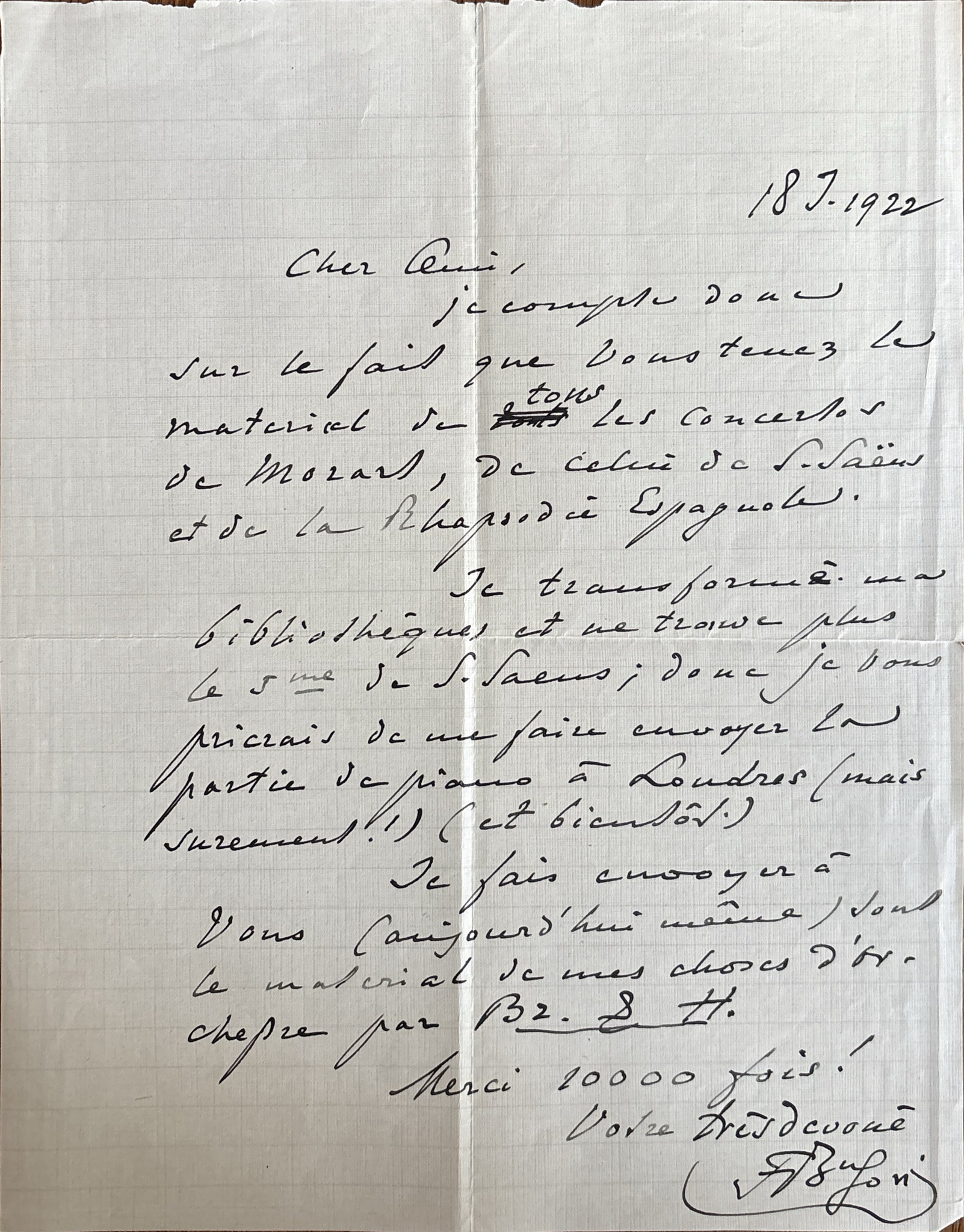 [MUSIC AUTOGRAPHS] - FERRUCCIO BUSONI (1866–1924) - Autograph letter signed to Isidore Philipp