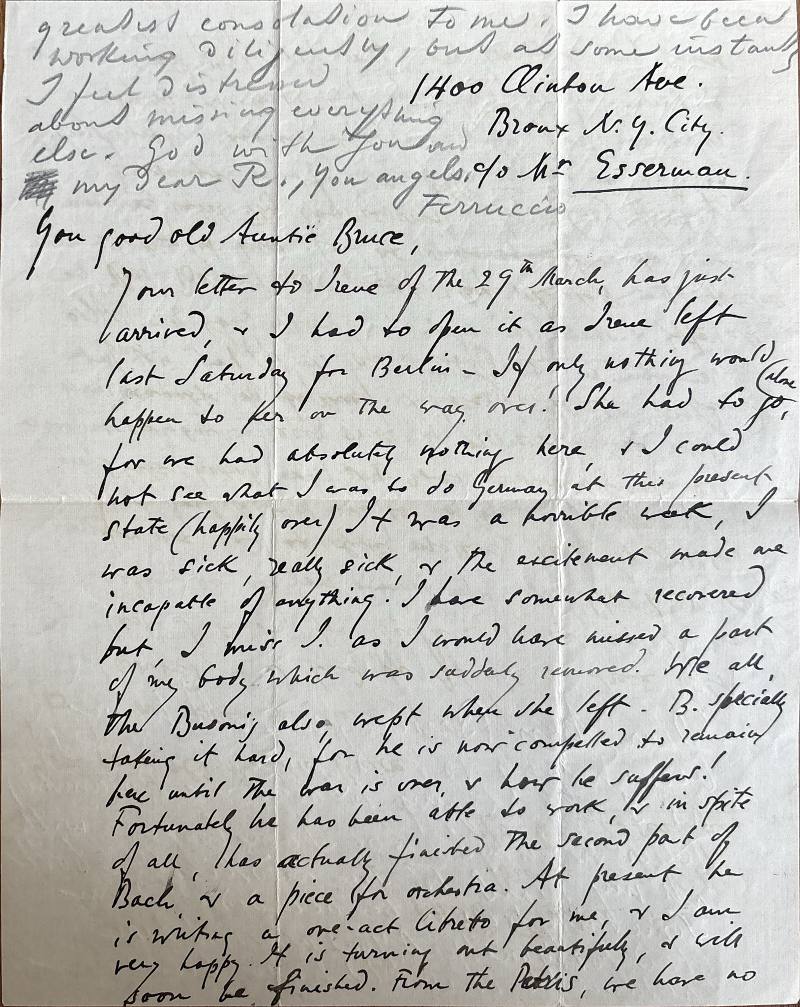 [MUSIC AUTOGRAPHS] - FERRUCCIO BUSONI (1866–1924) - Substantial autograph letter signed to his friend Austin