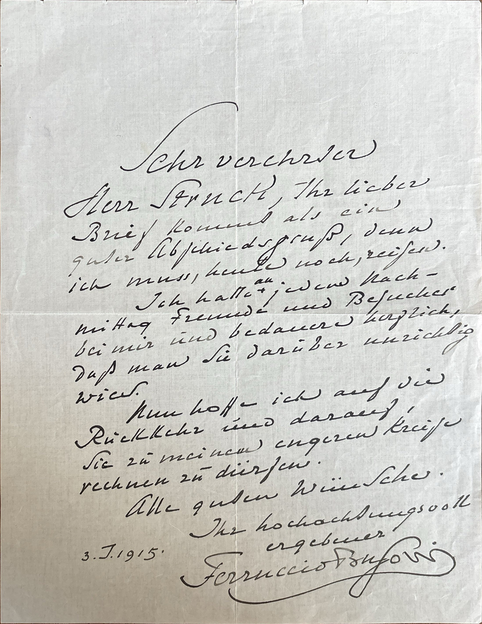 [MUSIC AUTOGRAPHS] - FERRUCCIO BUSONI (1866–1924) - Autograph letter signed to Mr Struck