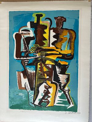 Осип Цадкин. Ennemis amicaux. 1962. Цветная литография на тканой бумаге. Подпись карандашом под 