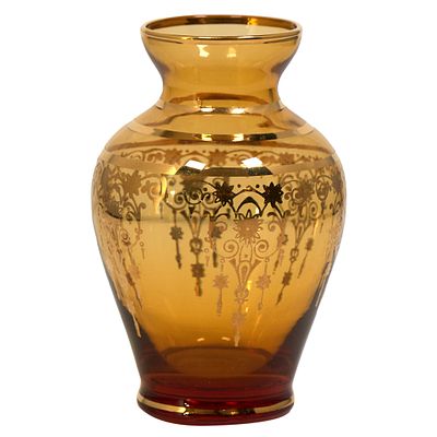 Ваза винтажная, Богемия, 80-е гг. . Красивая ваза янтарного цвета с росписью, Богемия, 1980-е 